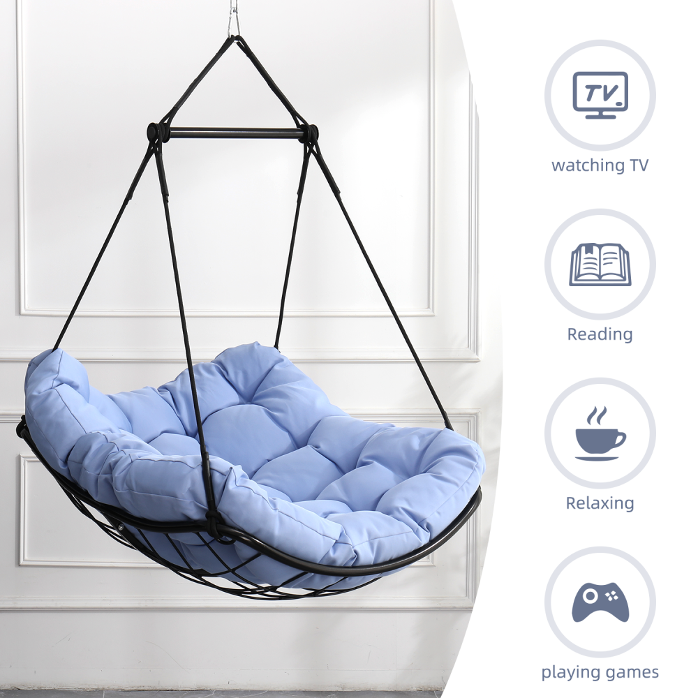Hammock Chair Swing with Cushion - Outdoor Indoor Hanging Hammock Chair for Patio, Porch, Bedroom, Garden, Courtyard, Balcony - Sturdy Steel Bar with Anti-Slip Safety Rings