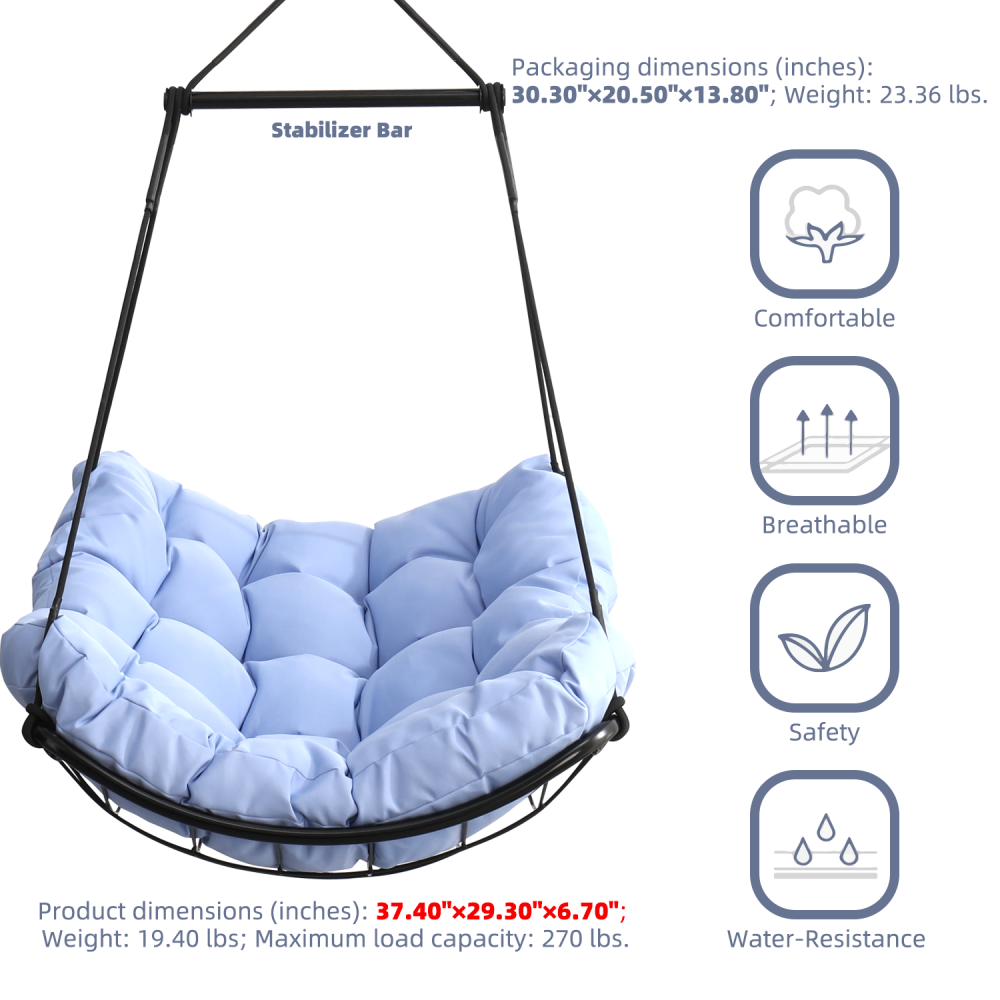 Hammock Chair Swing with Cushion - Outdoor Indoor Hanging Hammock Chair for Patio, Porch, Bedroom, Garden, Courtyard, Balcony - Sturdy Steel Bar with Anti-Slip Safety Rings