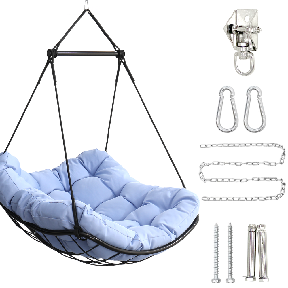 Hammock Chair Swing with Cushion - Outdoor Indoor Hanging Hammock Chair for Patio, Porch, Bedroom, Garden, Courtyard, Balcony - Sturdy Steel Bar with Anti-Slip Safety Rings