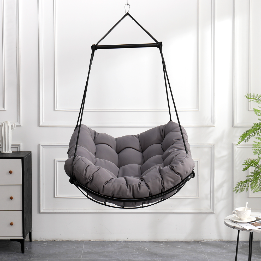 Hammock Chair Swing with Cushion - Outdoor Indoor Hanging Hammock Chair for Patio, Porch, Bedroom, Garden, Courtyard, Balcony - Sturdy Steel Bar with Anti-Slip Safety Rings