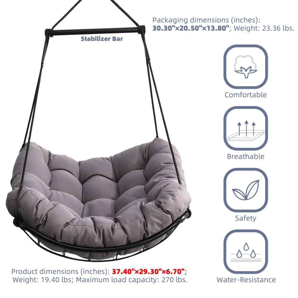 Hammock Chair Swing with Cushion - Outdoor Indoor Hanging Hammock Chair for Patio, Porch, Bedroom, Garden, Courtyard, Balcony - Sturdy Steel Bar with Anti-Slip Safety Rings