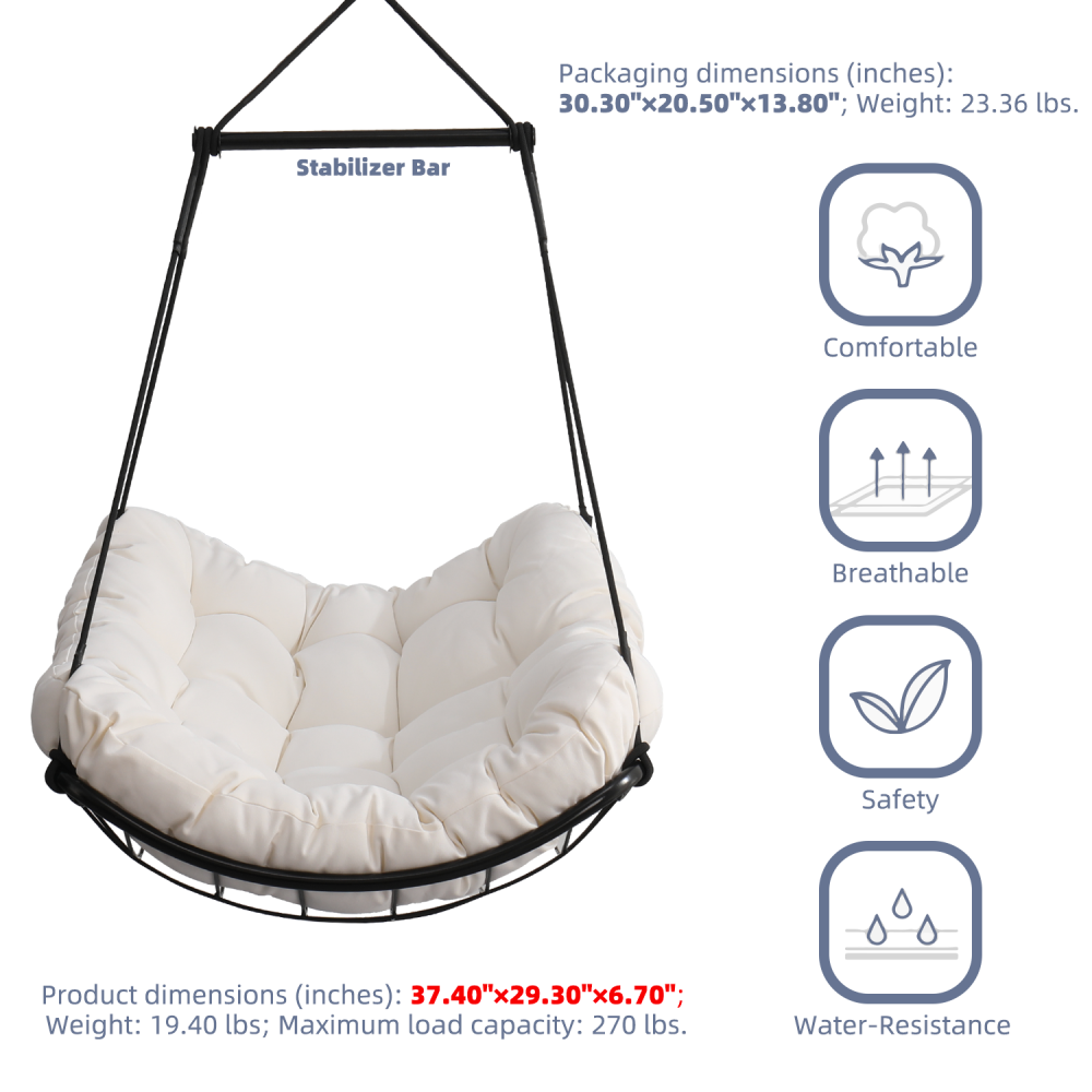 Hammock Chair Swing with Cushion - Outdoor Indoor Hanging Hammock Chair for Patio, Porch, Bedroom, Garden, Courtyard, Balcony - Sturdy Steel Bar with Anti-Slip Safety Rings