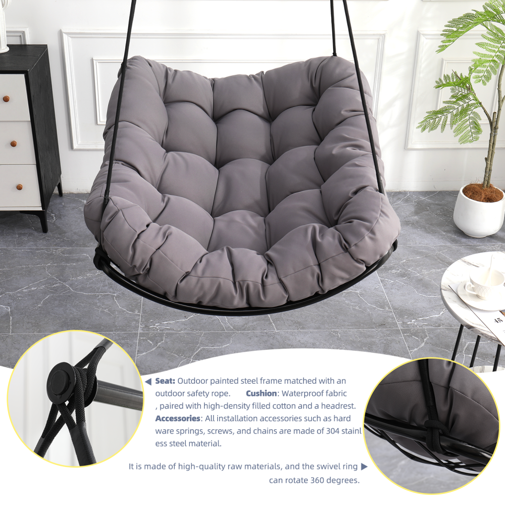Hammock Chair Swing with Cushion - Outdoor Indoor Hanging Hammock Chair for Patio, Porch, Bedroom, Garden, Courtyard, Balcony - Sturdy Steel Bar with Anti-Slip Safety Rings