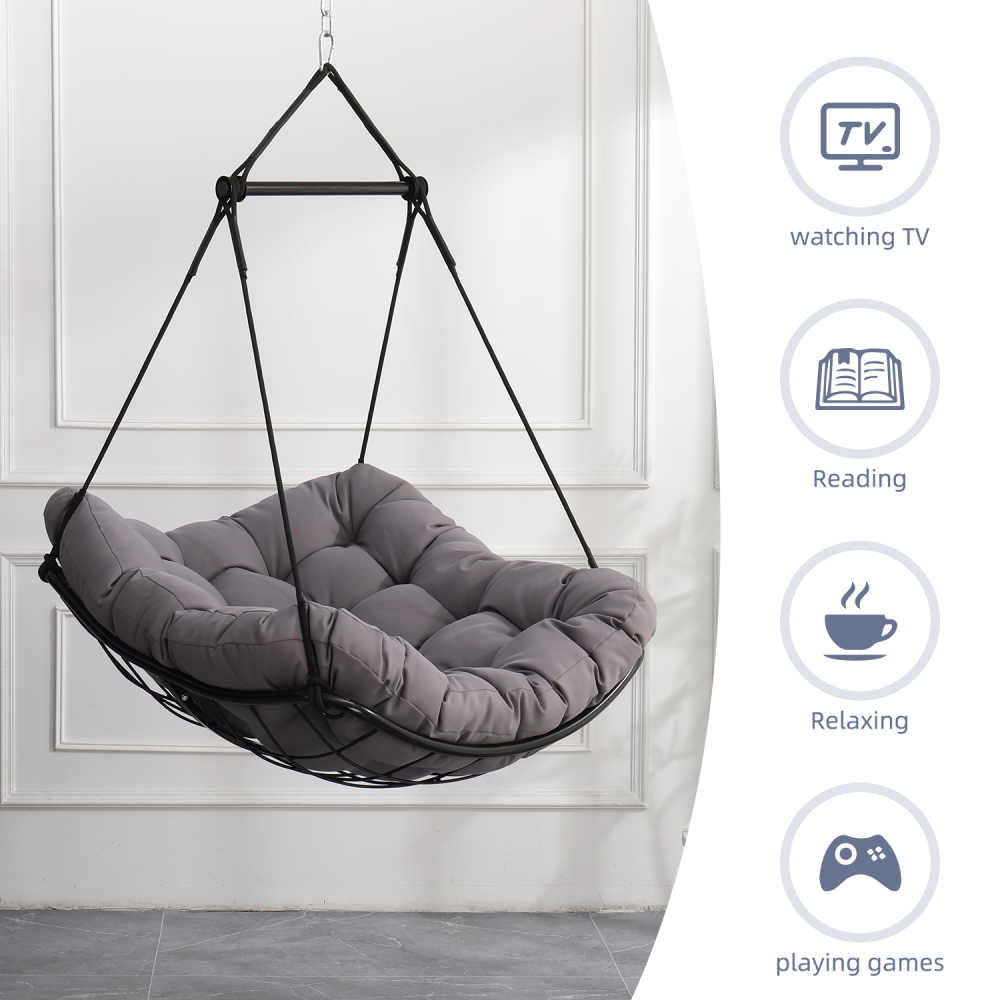Hammock Chair Swing with Cushion - Outdoor Indoor Hanging Hammock Chair for Patio, Porch, Bedroom, Garden, Courtyard, Balcony - Sturdy Steel Bar with Anti-Slip Safety Rings