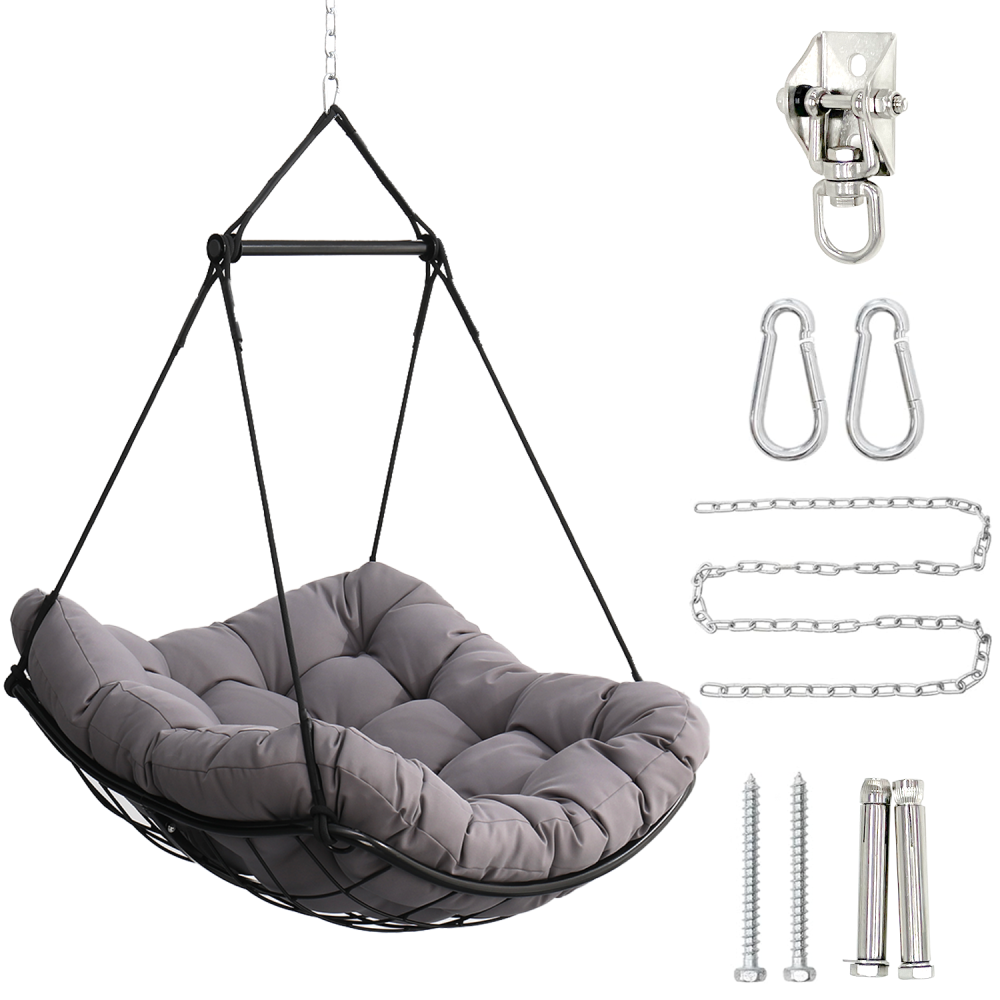 Hammock Chair Swing with Cushion - Outdoor Indoor Hanging Hammock Chair for Patio, Porch, Bedroom, Garden, Courtyard, Balcony - Sturdy Steel Bar with Anti-Slip Safety Rings