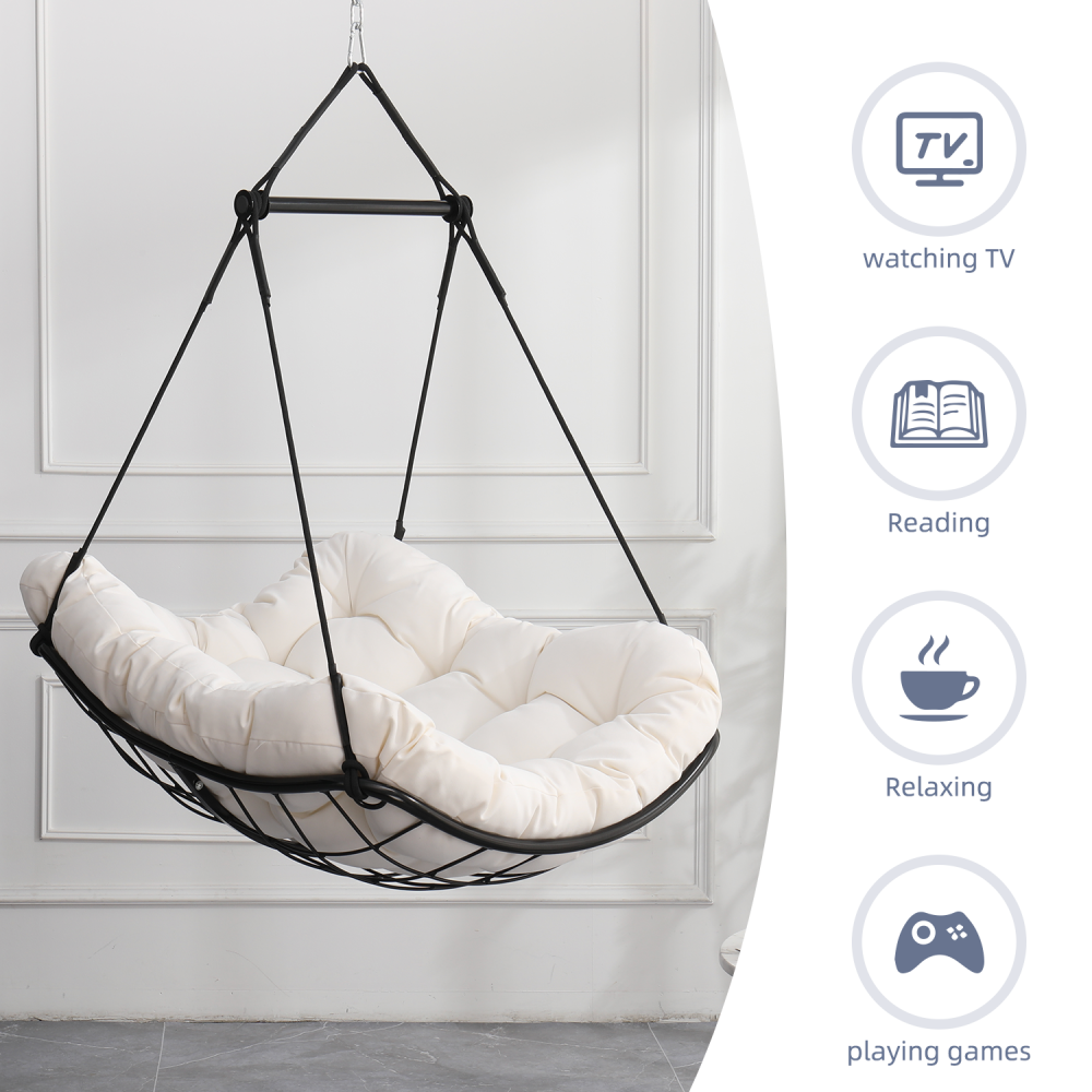 Hammock Chair Swing with Cushion - Outdoor Indoor Hanging Hammock Chair for Patio, Porch, Bedroom, Garden, Courtyard, Balcony - Sturdy Steel Bar with Anti-Slip Safety Rings