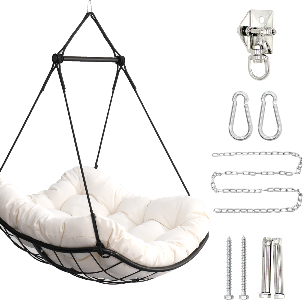 Hammock Chair Swing with Cushion - Outdoor Indoor Hanging Hammock Chair for Patio, Porch, Bedroom, Garden, Courtyard, Balcony - Sturdy Steel Bar with Anti-Slip Safety Rings