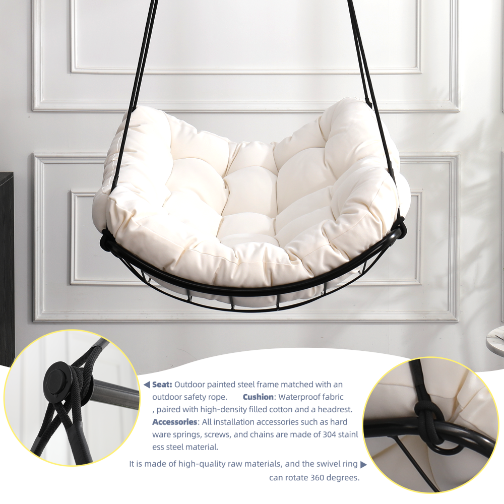 Hammock Chair Swing with Cushion - Outdoor Indoor Hanging Hammock Chair for Patio, Porch, Bedroom, Garden, Courtyard, Balcony - Sturdy Steel Bar with Anti-Slip Safety Rings