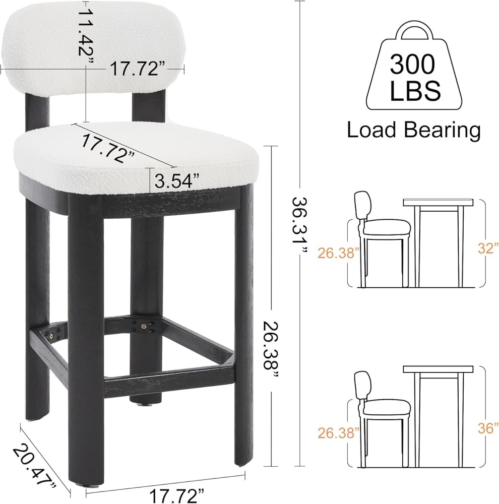 Tall Bar Stools Set of 2, Counter Height Barstools with Back and Wood Legs, Mid Century Modern Bar Chair Island Stool Teddy Fabric for Kitchen Dinner Room dining chair