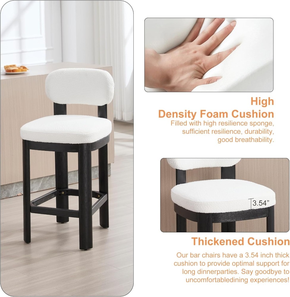 Tall Bar Stools Set of 2, Counter Height Barstools with Back and Wood Legs, Mid Century Modern Bar Chair Island Stool Teddy Fabric for Kitchen Dinner Room dining chair