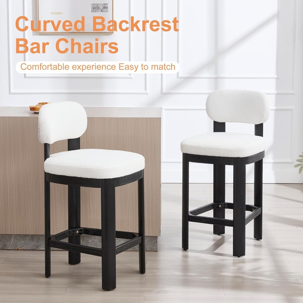Tall Bar Stools Set of 2, Counter Height Barstools with Back and Wood Legs, Mid Century Modern Bar Chair Island Stool Teddy Fabric for Kitchen Dinner Room dining chair