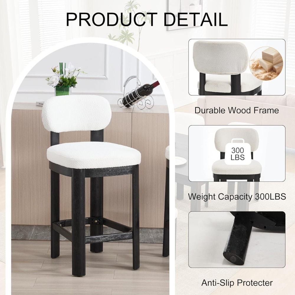 Tall Bar Stools Set of 2, Counter Height Barstools with Back and Wood Legs, Mid Century Modern Bar Chair Island Stool Teddy Fabric for Kitchen Dinner Room dining chair