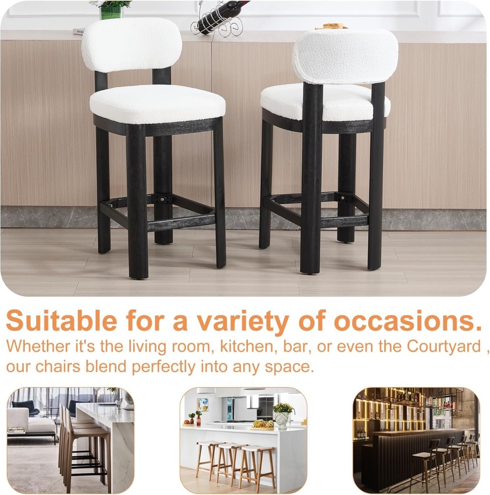 Tall Bar Stools Set of 2, Counter Height Barstools with Back and Wood Legs, Mid Century Modern Bar Chair Island Stool Teddy Fabric for Kitchen Dinner Room dining chair
