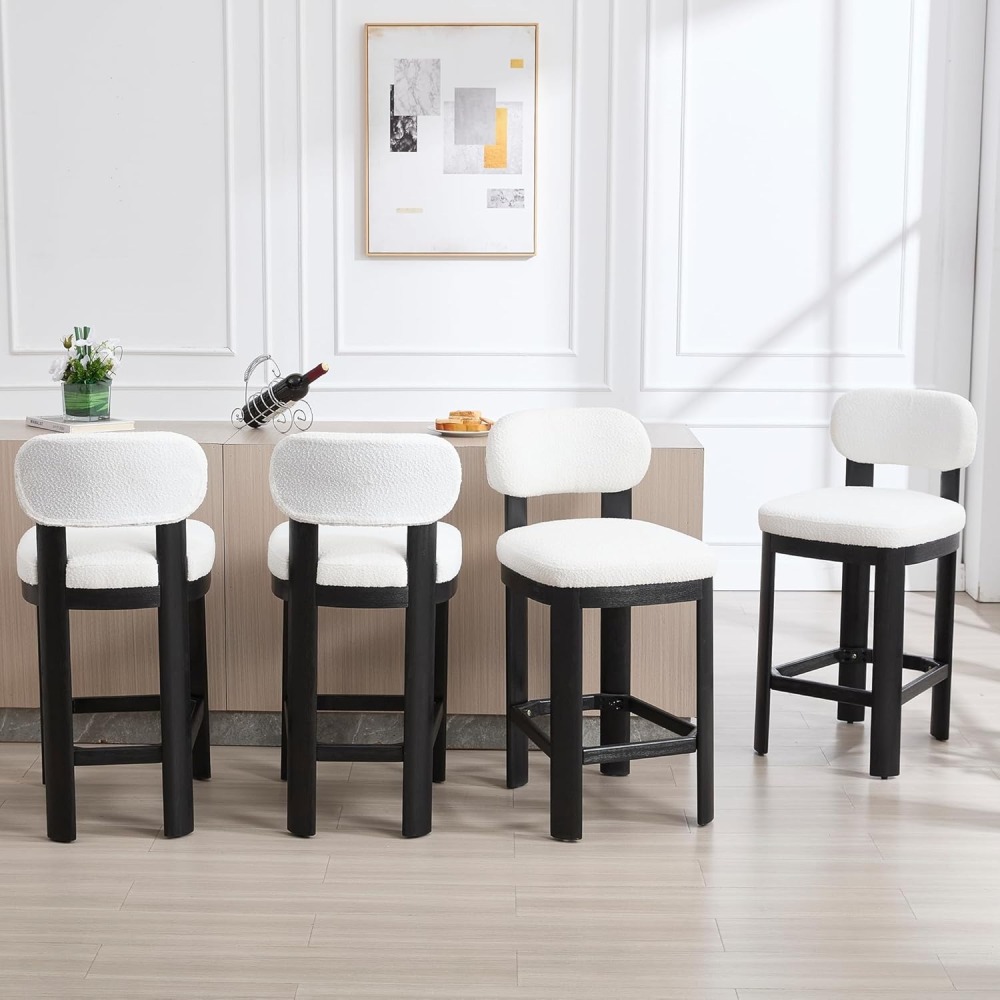 Tall Bar Stools Set of 2, Counter Height Barstools with Back and Wood Legs, Mid Century Modern Bar Chair Island Stool Teddy Fabric for Kitchen Dinner Room dining chair