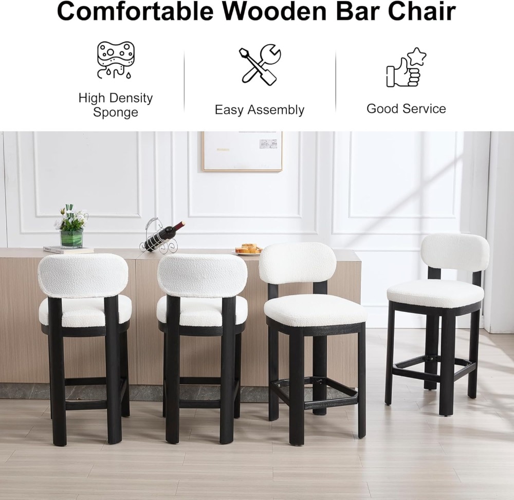Tall Bar Stools Set of 2, Counter Height Barstools with Back and Wood Legs, Mid Century Modern Bar Chair Island Stool Teddy Fabric for Kitchen Dinner Room dining chair