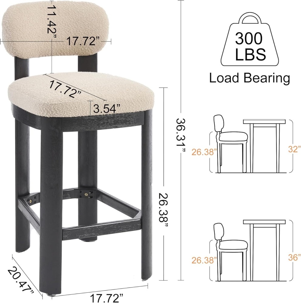 Tall Bar Stools Set of 2, Counter Height Barstools with Back and Wood Legs, Mid Century Modern Bar Chair Island Stool Teddy Fabric for Kitchen Dinner Room dining chair