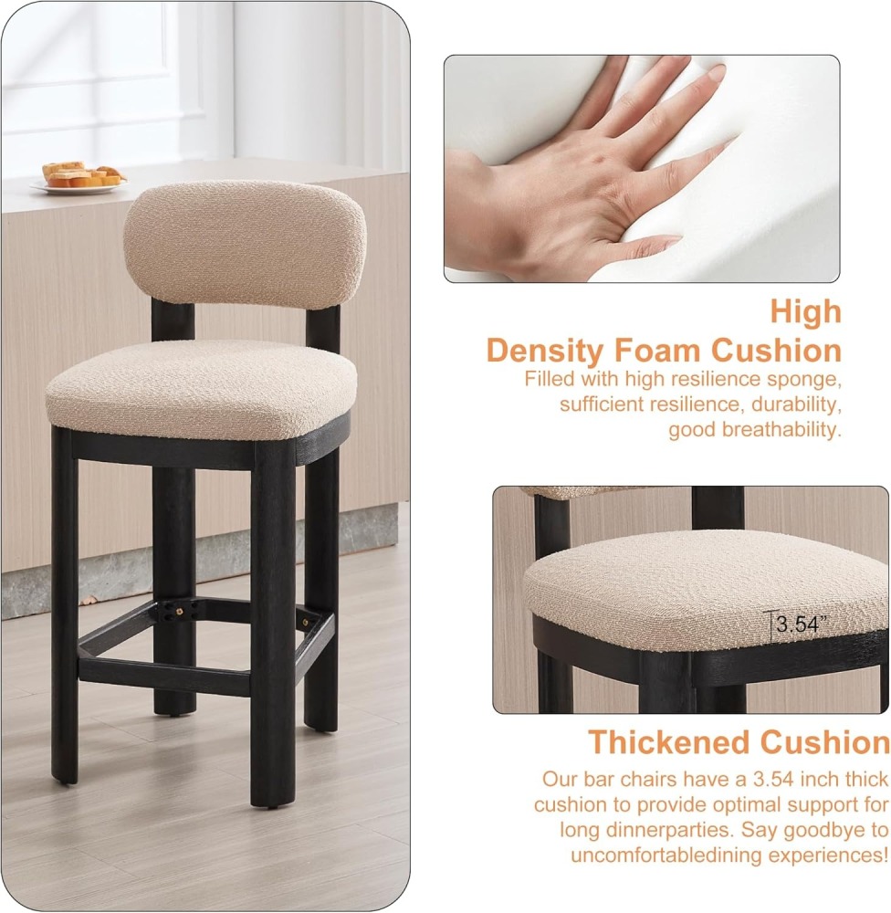 Tall Bar Stools Set of 2, Counter Height Barstools with Back and Wood Legs, Mid Century Modern Bar Chair Island Stool Teddy Fabric for Kitchen Dinner Room dining chair