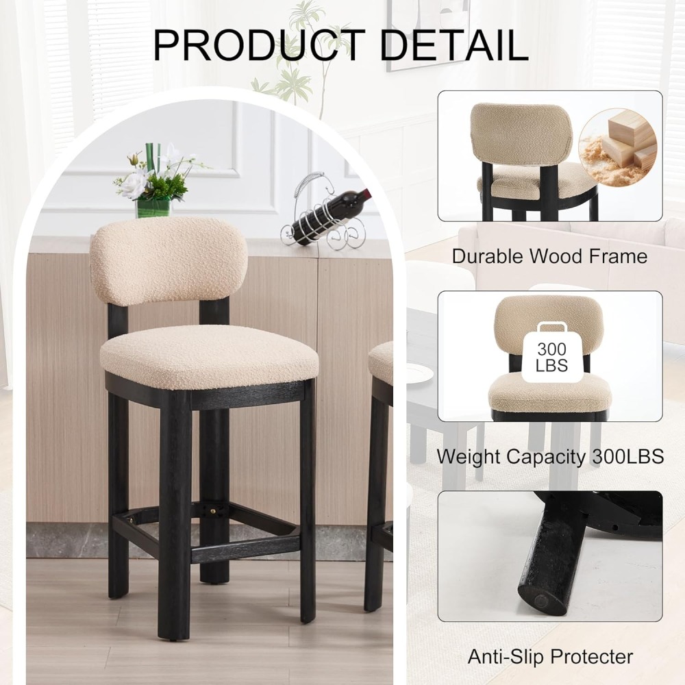 Tall Bar Stools Set of 2, Counter Height Barstools with Back and Wood Legs, Mid Century Modern Bar Chair Island Stool Teddy Fabric for Kitchen Dinner Room dining chair