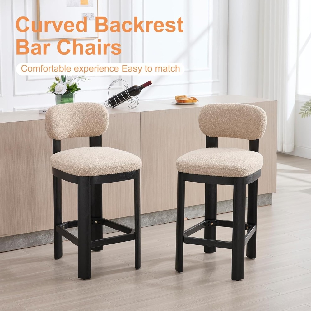 Tall Bar Stools Set of 2, Counter Height Barstools with Back and Wood Legs, Mid Century Modern Bar Chair Island Stool Teddy Fabric for Kitchen Dinner Room dining chair