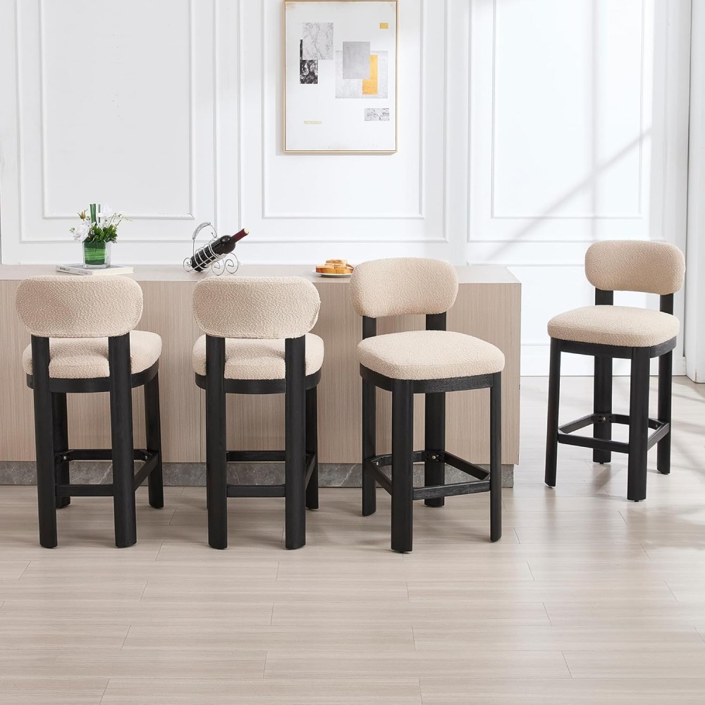 Tall Bar Stools Set of 2, Counter Height Barstools with Back and Wood Legs, Mid Century Modern Bar Chair Island Stool Teddy Fabric for Kitchen Dinner Room dining chair