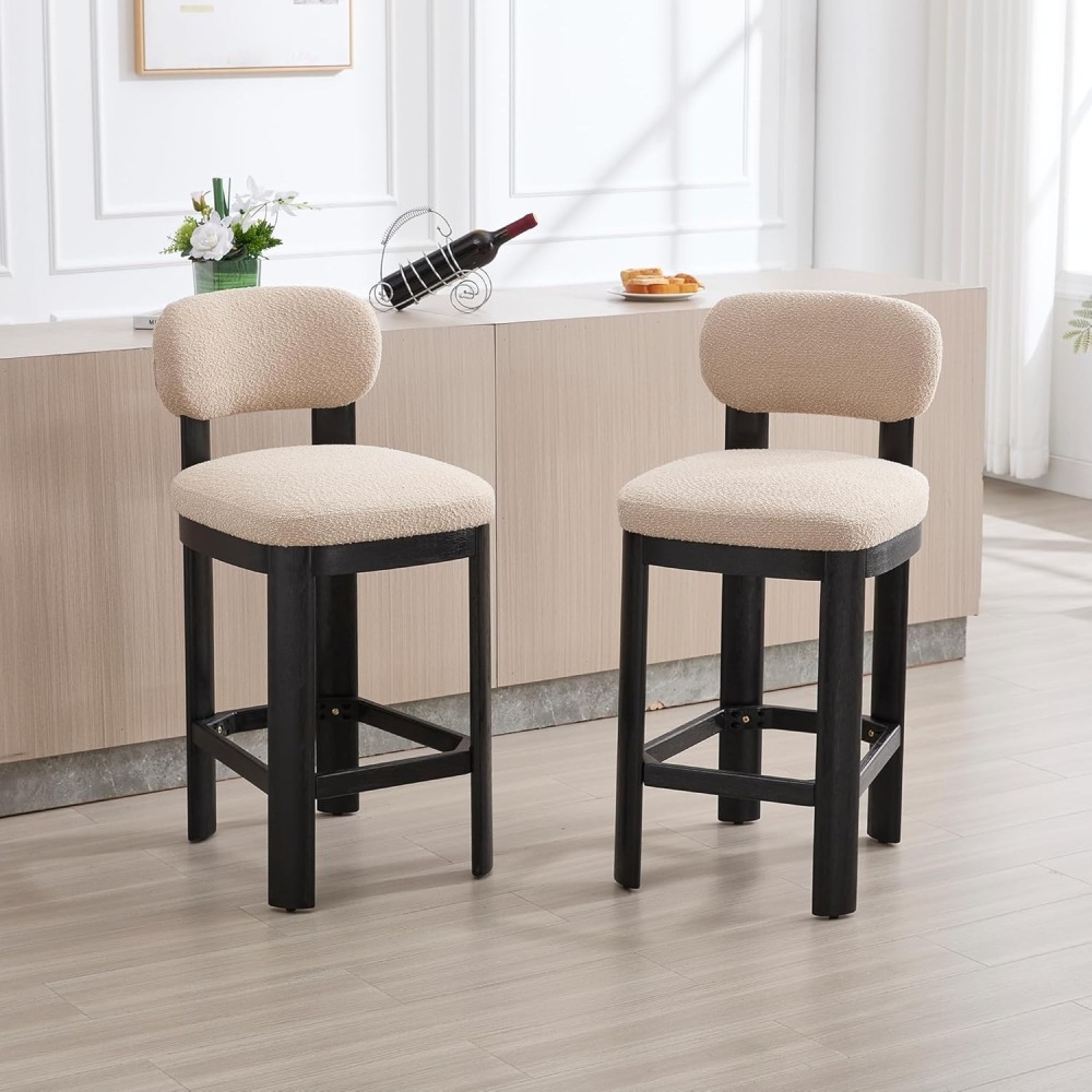 Tall Bar Stools Set of 2, Counter Height Barstools with Back and Wood Legs, Mid Century Modern Bar Chair Island Stool Teddy Fabric for Kitchen Dinner Room dining chair