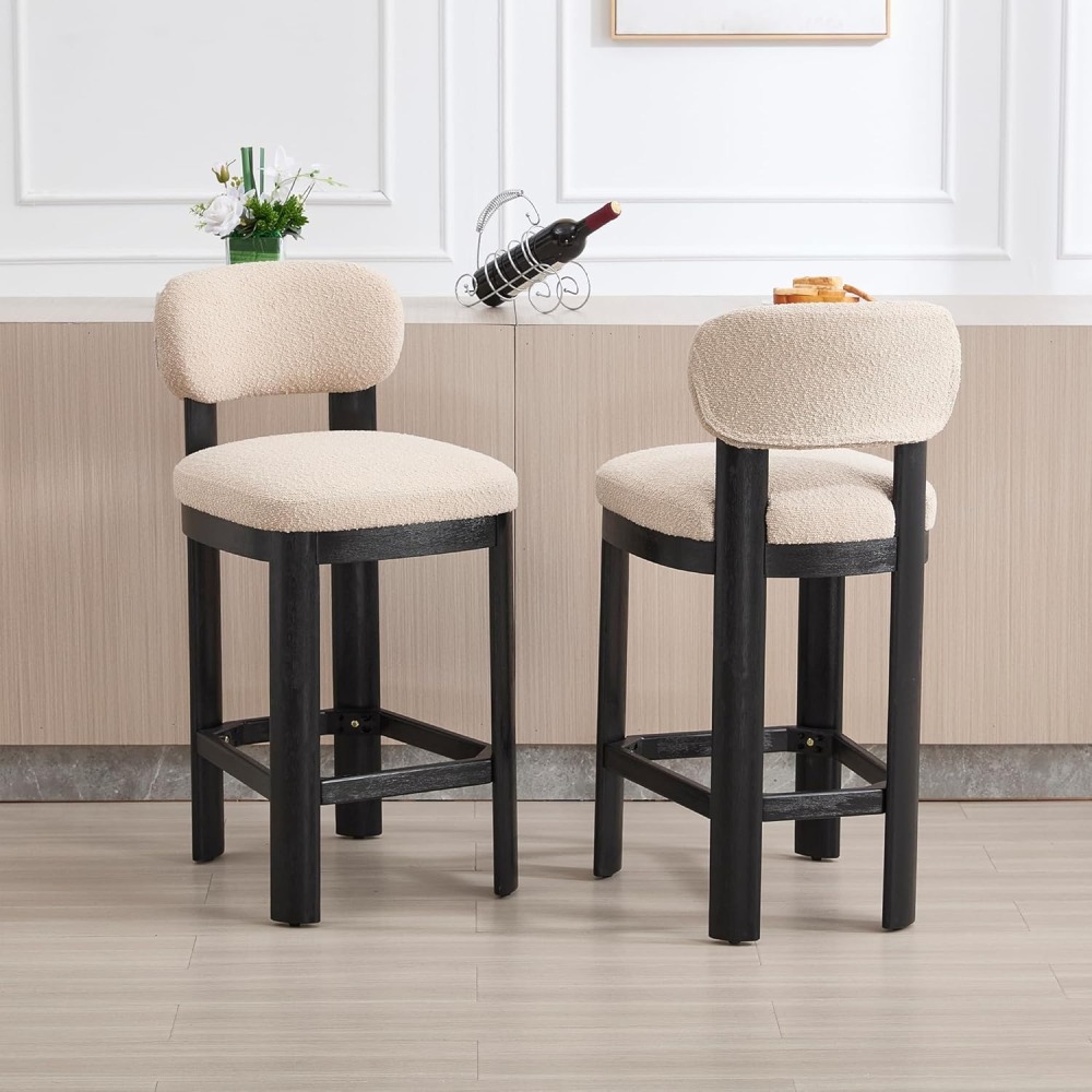 Tall Bar Stools Set of 2, Counter Height Barstools with Back and Wood Legs, Mid Century Modern Bar Chair Island Stool Teddy Fabric for Kitchen Dinner Room dining chair
