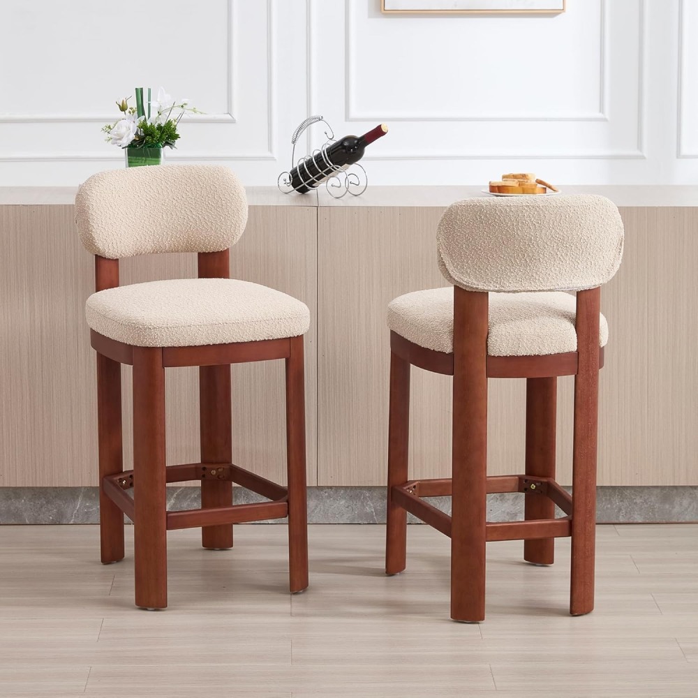 Tall Bar Stools Set of 2, Counter Height Barstools with Back and Wood Legs, Mid Century Modern Bar Chair Island Stool Teddy Fabric for Kitchen Dinner Room dining chair
