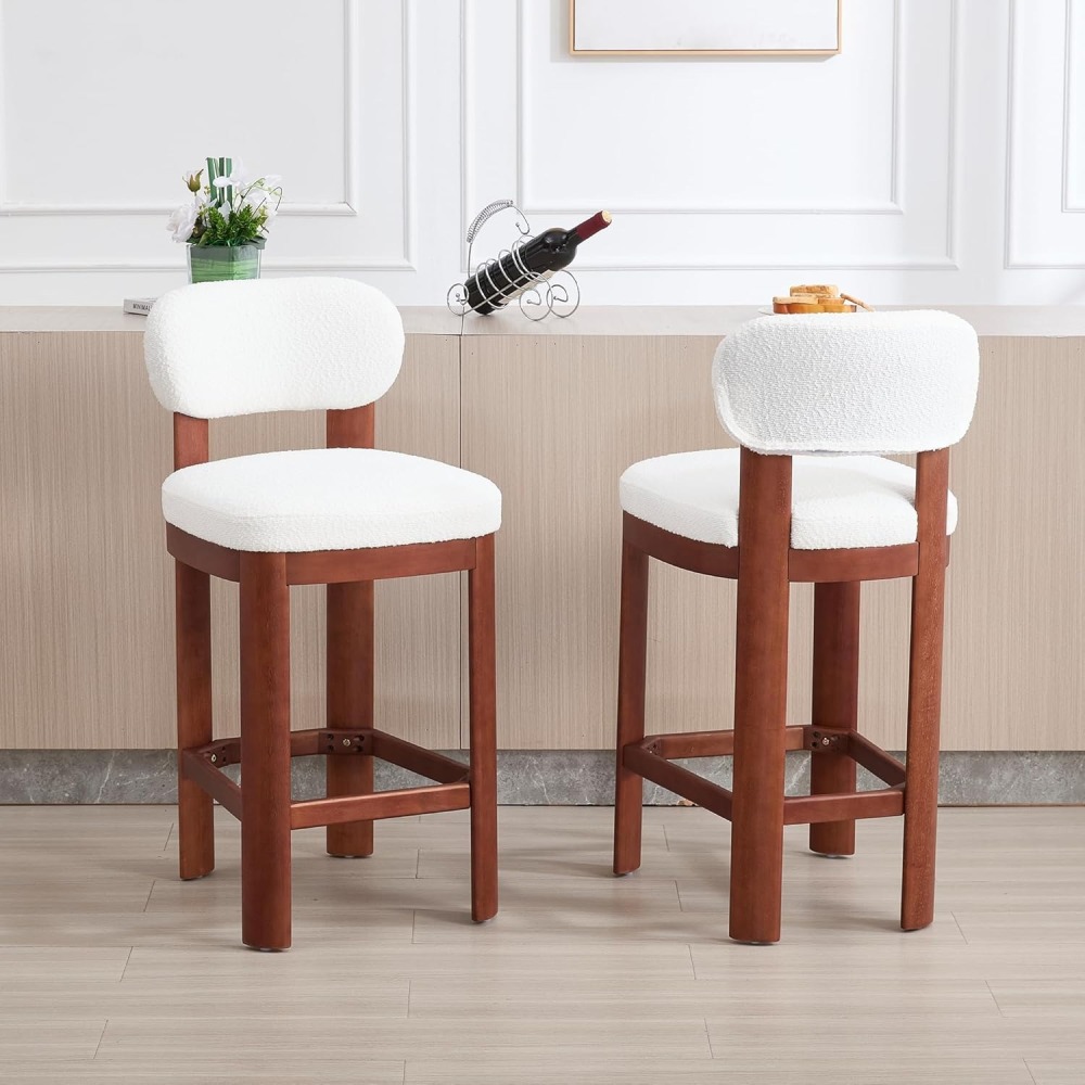 Tall Bar Stools Set of 2, Counter Height Barstools with Back and Wood Legs, Mid Century Modern Bar Chair Island Stool Teddy Fabric for Kitchen Dinner Room dining chair