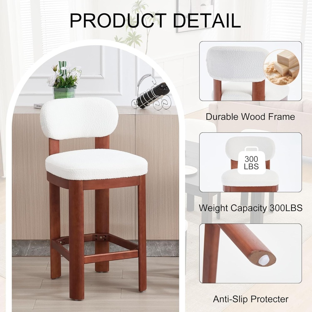 Tall Bar Stools Set of 2, Counter Height Barstools with Back and Wood Legs, Mid Century Modern Bar Chair Island Stool Teddy Fabric for Kitchen Dinner Room dining chair