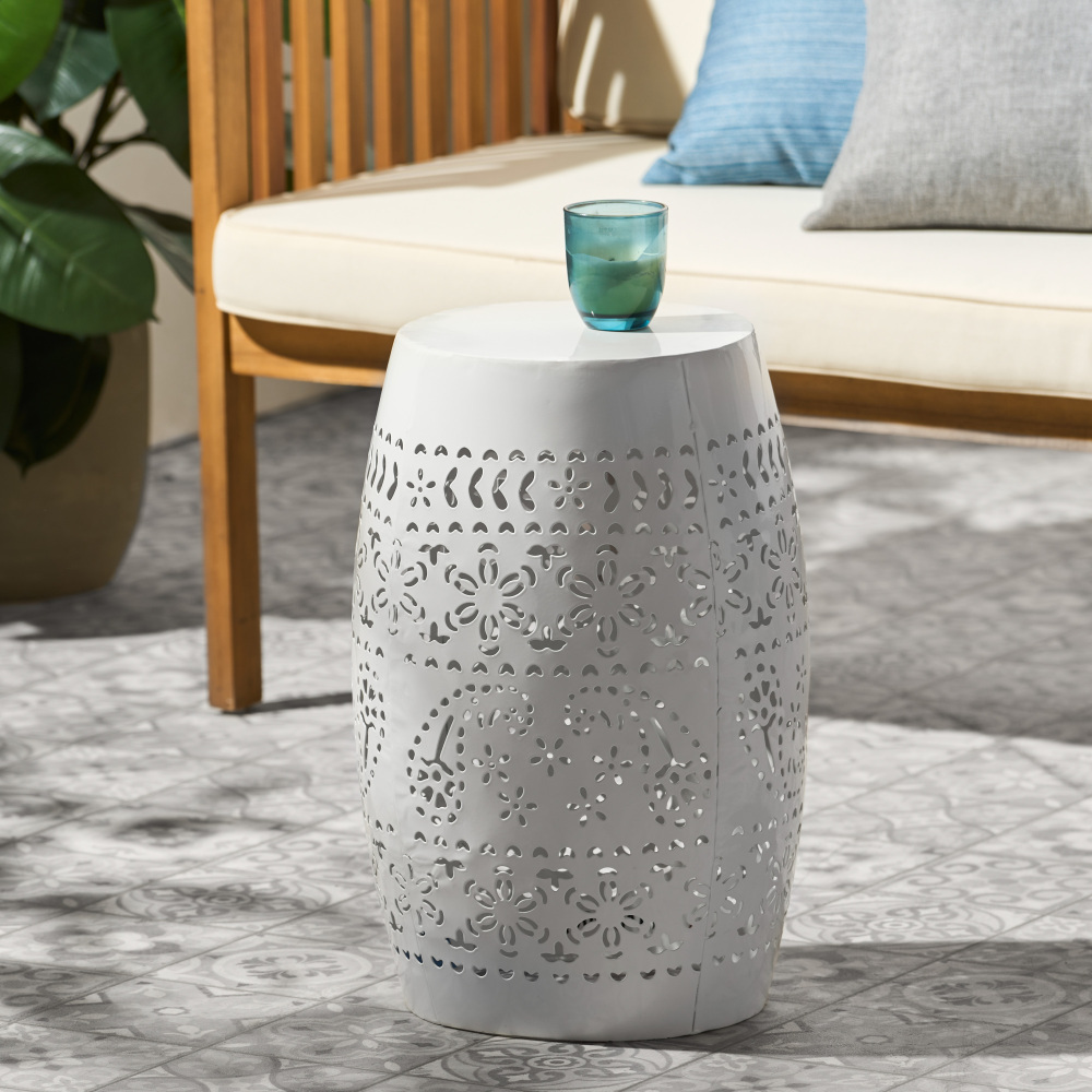 12INCH Rounded METAL FRAME LACE CUT SIDE TABLE – Perfect for Sofa, Hallway & More!