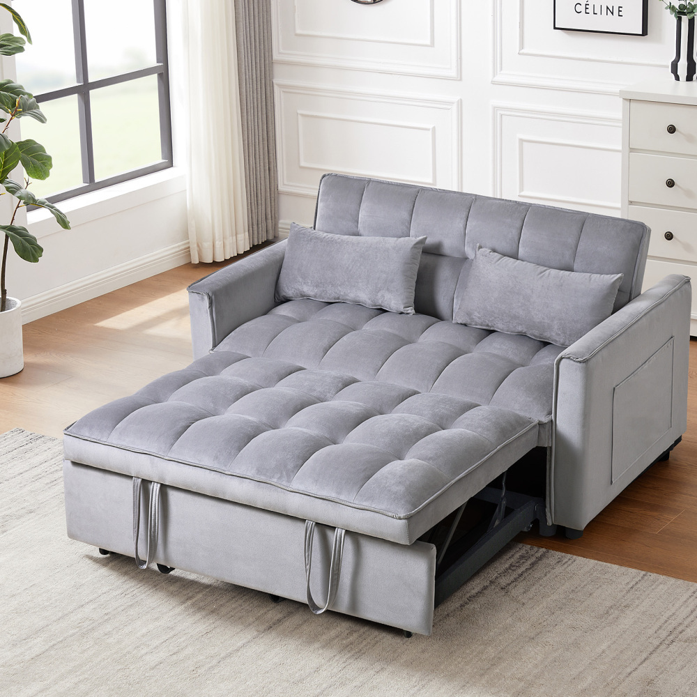 53inch 3 in 1 Convertible Sleeper Sofa Bed,  Modern Pull Out Couch Bed, Adjustable Backrest, Velvet Loveseat Futon Sofa with Pillows & Pockets for Living Room Apartment, Grey