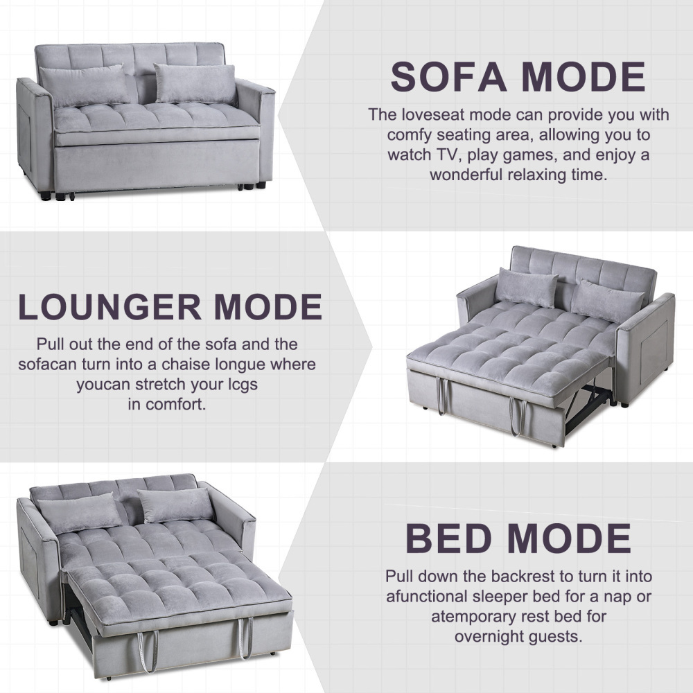 53inch 3 in 1 Convertible Sleeper Sofa Bed,  Modern Pull Out Couch Bed, Adjustable Backrest, Velvet Loveseat Futon Sofa with Pillows & Pockets for Living Room Apartment, Grey