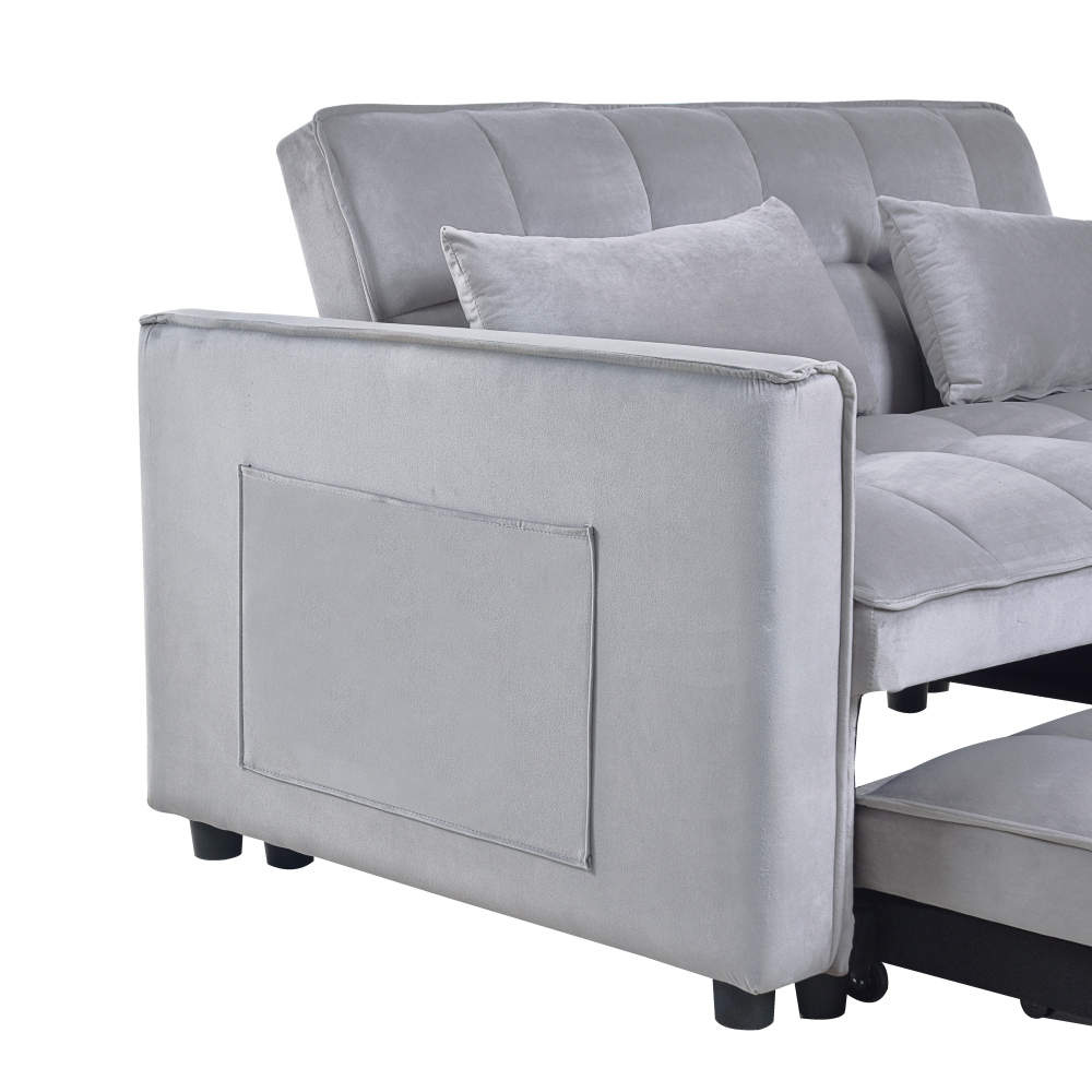 53inch 3 in 1 Convertible Sleeper Sofa Bed,  Modern Pull Out Couch Bed, Adjustable Backrest, Velvet Loveseat Futon Sofa with Pillows & Pockets for Living Room Apartment, Grey