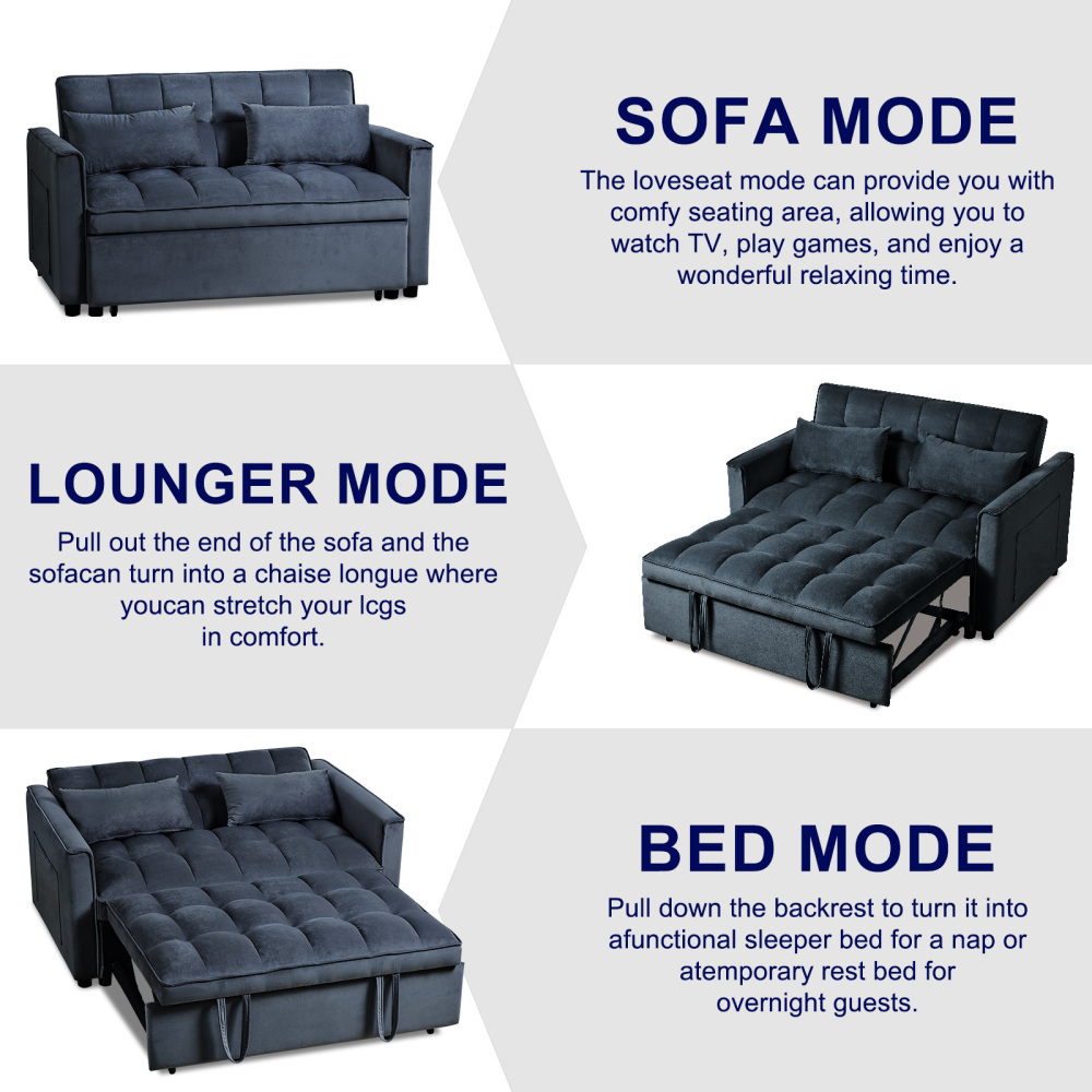 53inch 3 in 1 Convertible Sleeper Sofa Bed,  Modern Pull Out Couch Bed, Adjustable Backrest, Velvet Loveseat Futon Sofa with Pillows & Pockets for Living Room Apartment, Grey