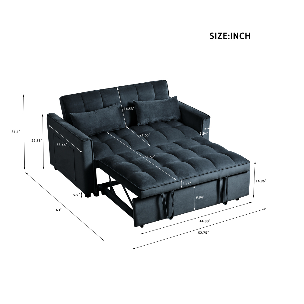 53inch 3 in 1 Convertible Sleeper Sofa Bed,  Modern Pull Out Couch Bed, Adjustable Backrest, Velvet Loveseat Futon Sofa with Pillows & Pockets for Living Room Apartment, Grey