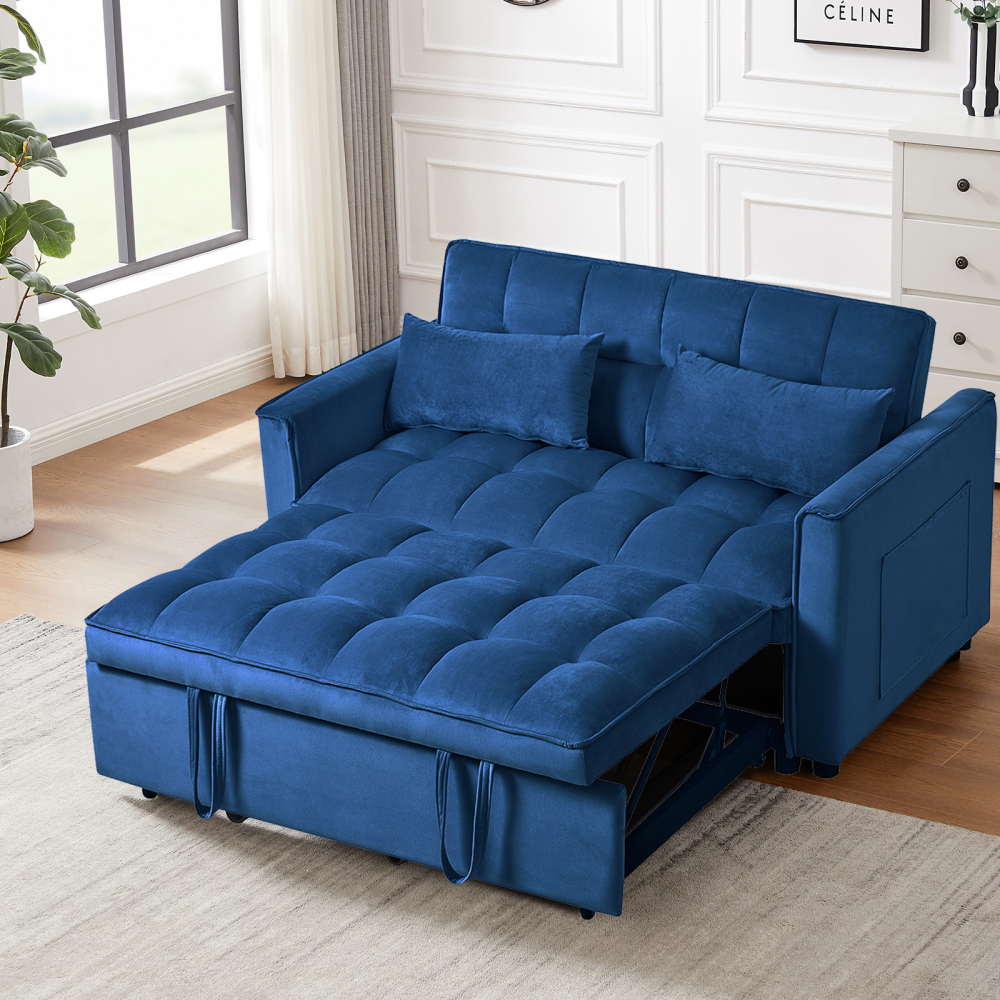 53inch 3 in 1 Convertible Sleeper Sofa Bed,  Modern Pull Out Couch Bed, Adjustable Backrest, Velvet Loveseat Futon Sofa with Pillows & Pockets for Living Room Apartment, Grey