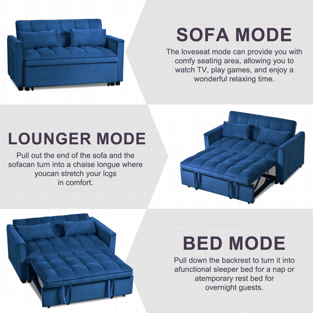 53inch 3 in 1 Convertible Sleeper Sofa Bed,  Modern Pull Out Couch Bed, Adjustable Backrest, Velvet Loveseat Futon Sofa with Pillows & Pockets for Living Room Apartment, Grey