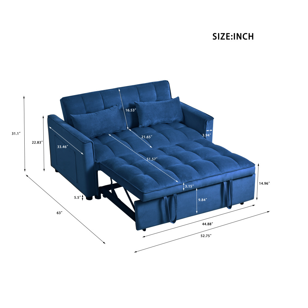 53inch 3 in 1 Convertible Sleeper Sofa Bed,  Modern Pull Out Couch Bed, Adjustable Backrest, Velvet Loveseat Futon Sofa with Pillows & Pockets for Living Room Apartment, Grey