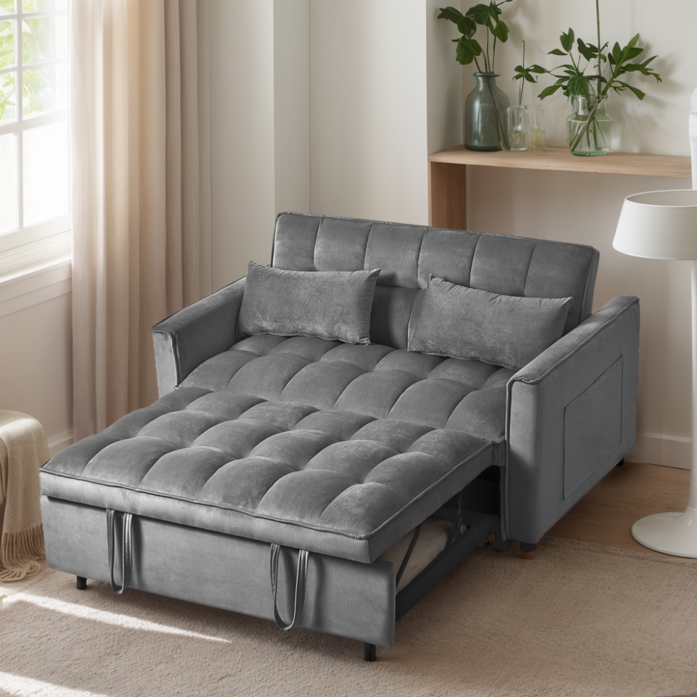 53inch 3 in 1 Convertible Sleeper Sofa Bed,  Modern Pull Out Couch Bed, Adjustable Backrest, Velvet Loveseat Futon Sofa with Pillows & Pockets for Living Room Apartment, Grey