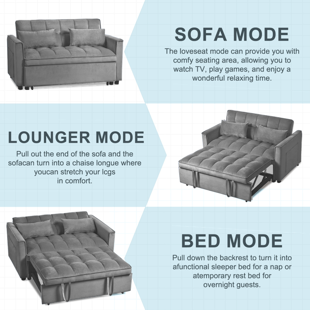 53inch 3 in 1 Convertible Sleeper Sofa Bed,  Modern Pull Out Couch Bed, Adjustable Backrest, Velvet Loveseat Futon Sofa with Pillows & Pockets for Living Room Apartment, Grey