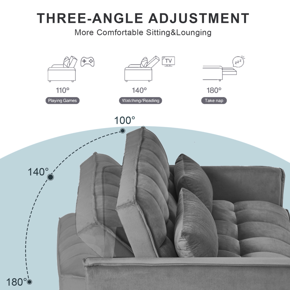 53inch 3 in 1 Convertible Sleeper Sofa Bed,  Modern Pull Out Couch Bed, Adjustable Backrest, Velvet Loveseat Futon Sofa with Pillows & Pockets for Living Room Apartment, Grey