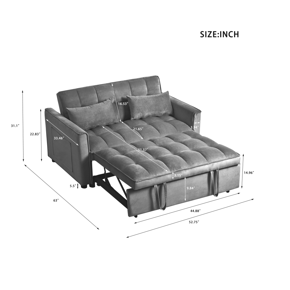 53inch 3 in 1 Convertible Sleeper Sofa Bed,  Modern Pull Out Couch Bed, Adjustable Backrest, Velvet Loveseat Futon Sofa with Pillows & Pockets for Living Room Apartment, Grey