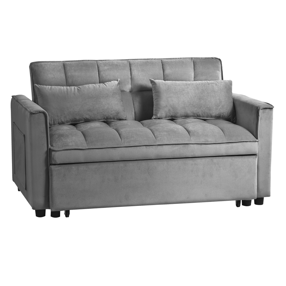 53inch 3 in 1 Convertible Sleeper Sofa Bed,  Modern Pull Out Couch Bed, Adjustable Backrest, Velvet Loveseat Futon Sofa with Pillows & Pockets for Living Room Apartment, Grey