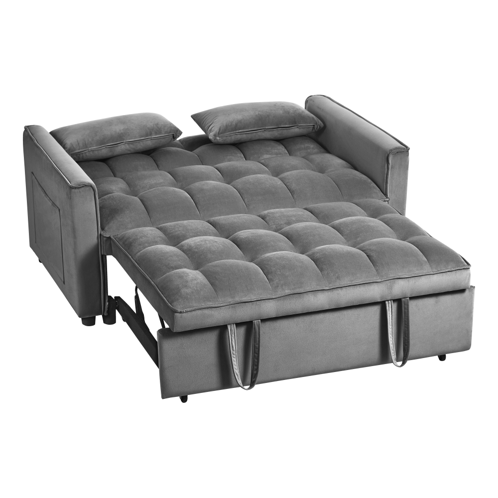 53inch 3 in 1 Convertible Sleeper Sofa Bed,  Modern Pull Out Couch Bed, Adjustable Backrest, Velvet Loveseat Futon Sofa with Pillows & Pockets for Living Room Apartment, Grey