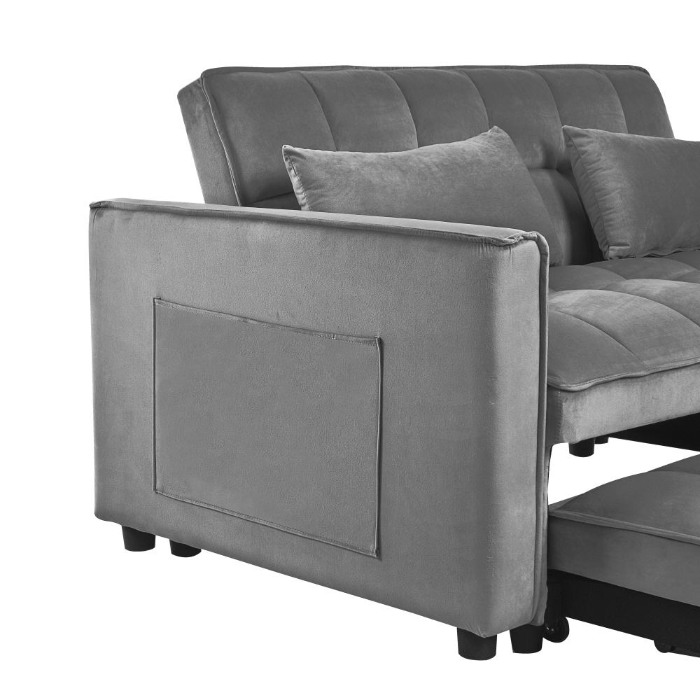 3 in 1 Convertible Sleeper Sofa Bed,  Modern Pull Out Couch Bed, Adjustable Backrest, Velvet Loveseat Futon Sofa with Pillows & Pockets for Living Room Apartment, Grey