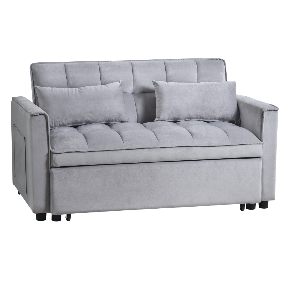 53inch 3 in 1 Convertible Sleeper Sofa Bed,  Modern Pull Out Couch Bed, Adjustable Backrest, Velvet Loveseat Futon Sofa with Pillows & Pockets for Living Room Apartment, Grey