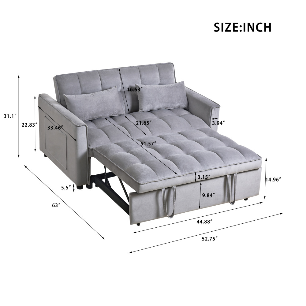 53inch 3 in 1 Convertible Sleeper Sofa Bed,  Modern Pull Out Couch Bed, Adjustable Backrest, Velvet Loveseat Futon Sofa with Pillows & Pockets for Living Room Apartment, Grey