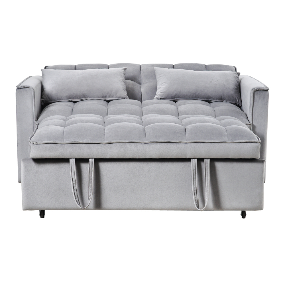 53inch 3 in 1 Convertible Sleeper Sofa Bed,  Modern Pull Out Couch Bed, Adjustable Backrest, Velvet Loveseat Futon Sofa with Pillows & Pockets for Living Room Apartment, Grey
