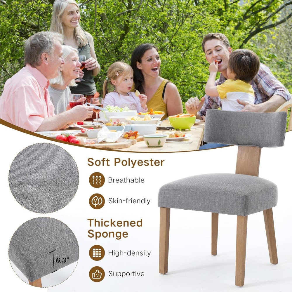 Dining Chairs Set of 2, Farmhouse Linen Fabric Upholstered Kitchen Chairs, Curved Backrest Parson Chairs Side Chairs Solid Wood for Dining Room, Living Room (Brown)