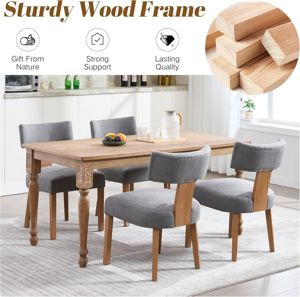 Dining Chairs Set of 2, Farmhouse Linen Fabric Upholstered Kitchen Chairs, Curved Backrest Parson Chairs Side Chairs Solid Wood for Dining Room, Living Room (Brown)